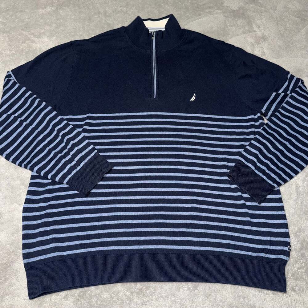 Nautica Blue-White Striped Sweatshirt Men Size 2XL Pullover 1/4th Zip